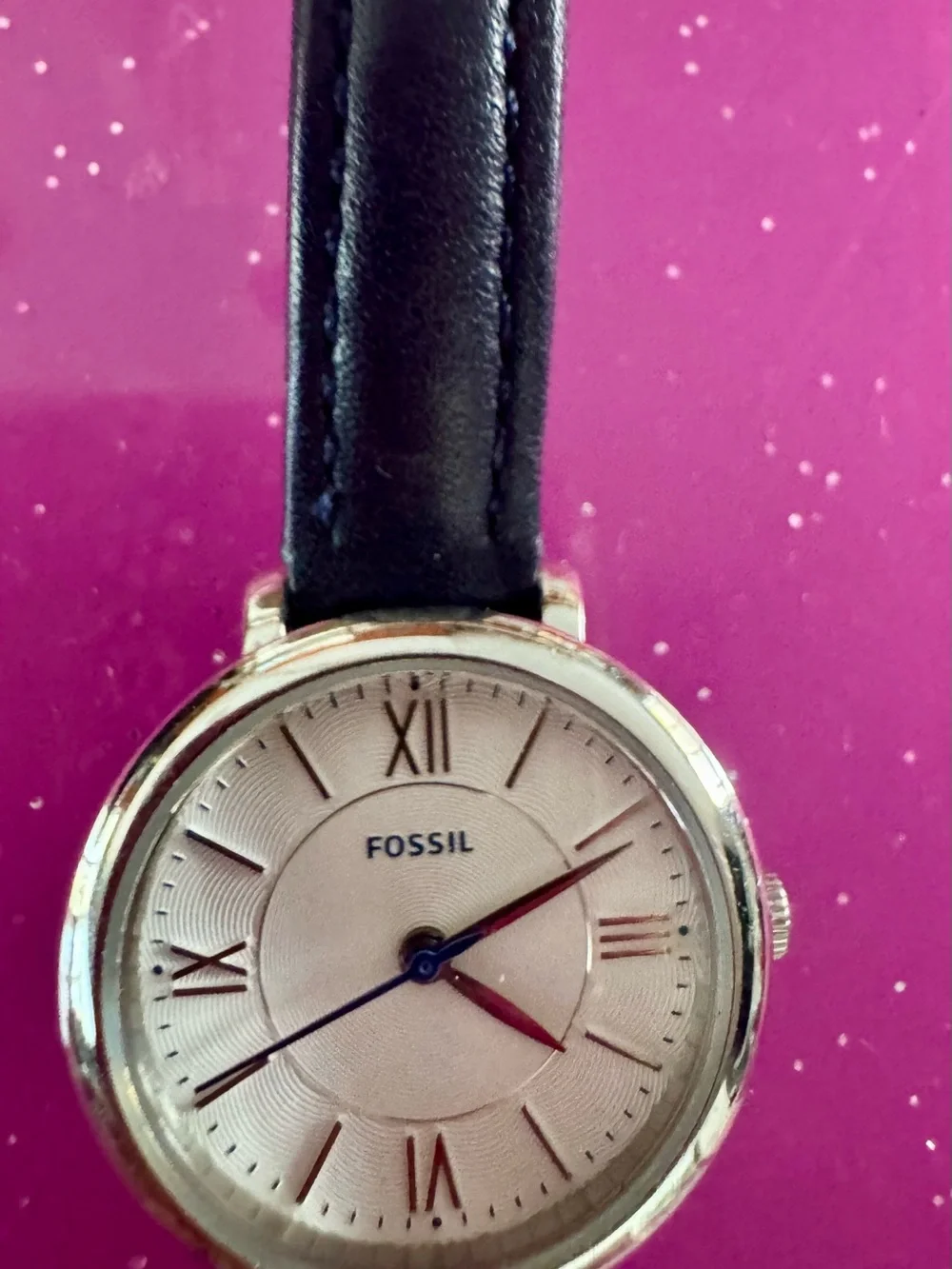 Fossil Women's Silver-Tone Case White Dial Black Leather Strap Watch